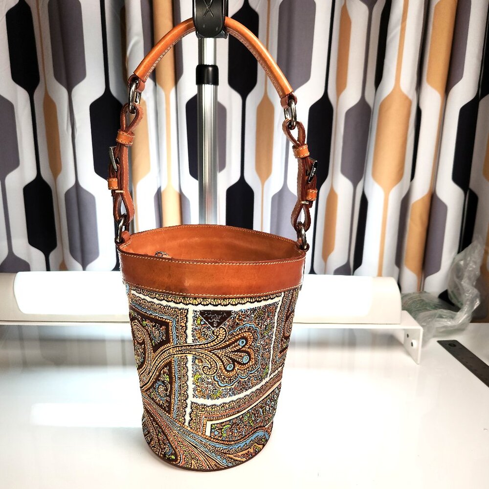 Rare Prada Vintage Paisley Small Bucket Bag Purse Blue Brown White Preowned